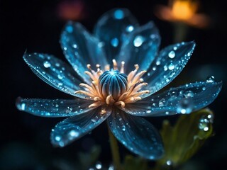 A fantastical close-up of a flower with bioluminescent petals glowing in the night, with dewdrops...