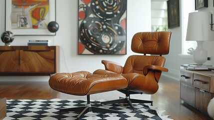 Modern Living Room with Iconic Leather Lounge Chair and Artwork