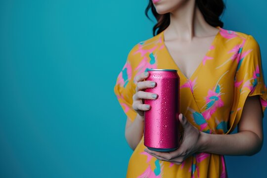 cropped view of woman holding pink can of soda isolated on blue