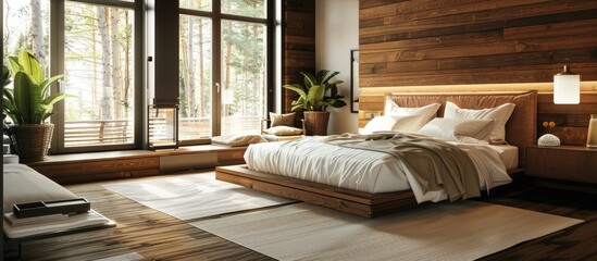 Stylish master bedroom with white and dark wooden walls, wooden floor and king size bed.