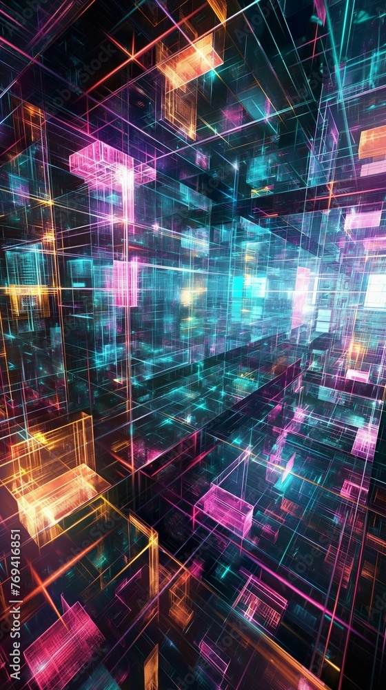 Poster quantum computing network in a cyber city an abstract 3d digital vertical mobile wallpaper backgroun