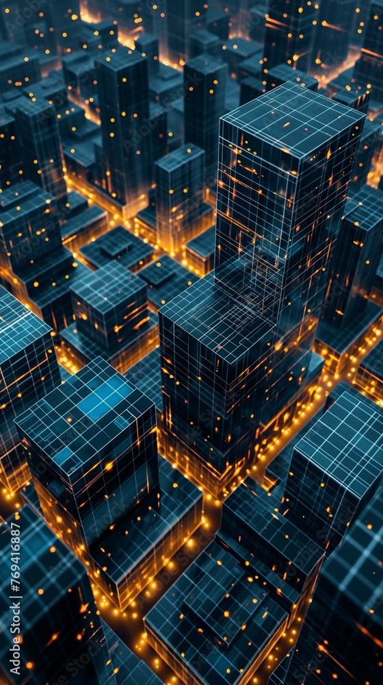 Poster quantum computing network in a cyber city an abstract 3d digital vertical mobile wallpaper backgroun