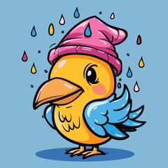 Cute yellow happy bird on the colorful rain cartoon character vector illustration