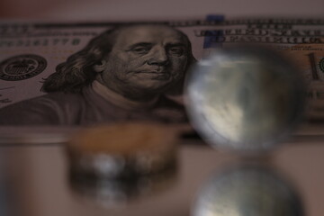 Two hundred tenge on the photo one hundred dollars