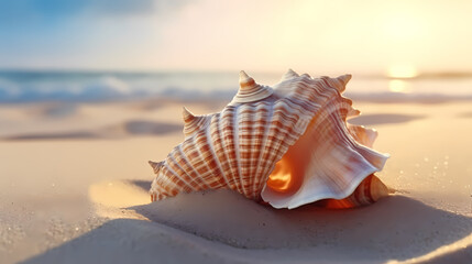 Obraz na płótnie Canvas Conch shells on the seaside at sunrise