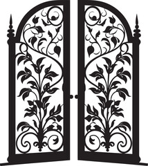 Majestic Garden Entrance Wrought Iron Bi Fold Door, Black Emblem Design Vintage Garden Style Wrought Iron Bi Fold Door, Black Vector Icon