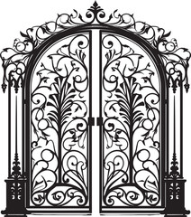 Rustic Charm Wrought Iron Bi Fold Garden Door, Black Vector Logo Majestic Garden Entrance Wrought Iron Bi Fold Door, Black Emblem Design