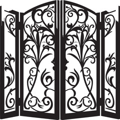 Fototapeta na wymiar Luxurious Garden Passage Wrought Iron Bi Fold Door, Black Vector Emblem Refined Elegance Wrought Iron Bi Fold Garden Door, Black Logo Design