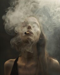 Young woman smoking a cigar in a dark room. Smoke from a cigar.