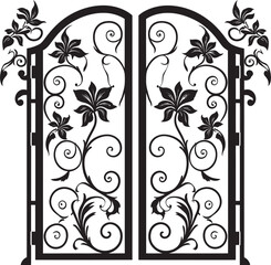 Fototapeta na wymiar Timeless Beauty Wrought Iron Bi Fold Garden Door, Black Vector Emblem Ornate Garden Elegance Wrought Iron Bi Fold Door, Black Logo Design Icon