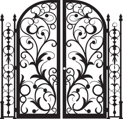Fototapeta na wymiar Handcrafted Garden Splendor Wrought Iron Bi Fold Door, Black Vector Icon Modern Elegance Wrought Iron Bi Fold Garden Door, Black Emblem