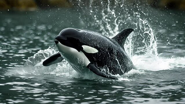 A closeup shot of a sleek black and white killer whale emerging from the water its powerful fluke visible just below the surface.