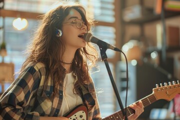 Young female musician playing guitar and singing into microphone - obrazy, fototapety, plakaty