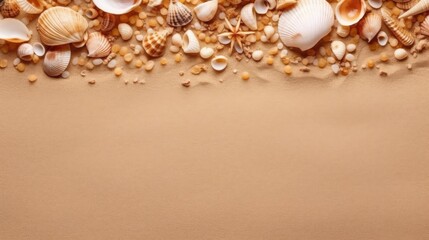 Fototapeta na wymiar Seashell Decorations on a Beach Sand Background. Negative Space. Generative AI
