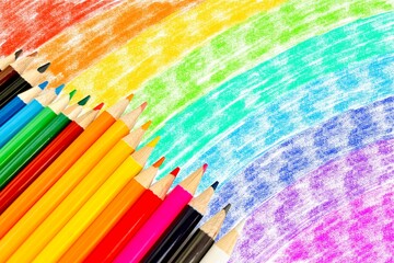 カラフルな色えんぴつと虹色の絵