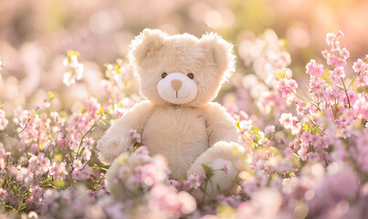 teddy bear background, stuffed toy bear in flower blossom garden 