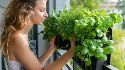 Vertical home garden of spicy herbs and fresh greenery on the balcony. A young woman takes care of plants on the balcony of a city apartment. Mini garden on the balcony. - obrazy, fototapety, plakaty