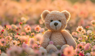 teddy bear background, stuffed toy bear in flower blossom garden 