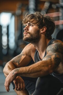 Contemplative muscular man with tattoos resting after workout in a gym
