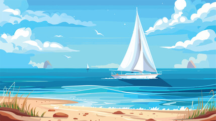 Sailboat shore cartoon flat cartoon vactor illustra - obrazy, fototapety, plakaty