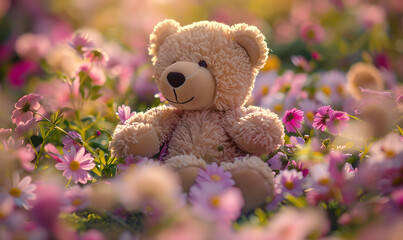 teddy bear background, stuffed toy bear in flower blossom garden 