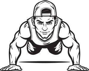 Energetic Push Up Performance Sportive Youths Training Journey Black Emblem Muscular Stamina Young Athletes Push Up Challenge Black Logo Design