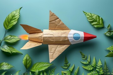 A makeshift rocket soars from its cardboard confines, a playful nod to innovation and the joy of simple pleasures - obrazy, fototapety, plakaty