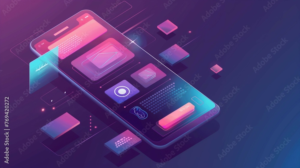 Poster a 3d isometric illustration of a smartphone with a futuristic user interface.