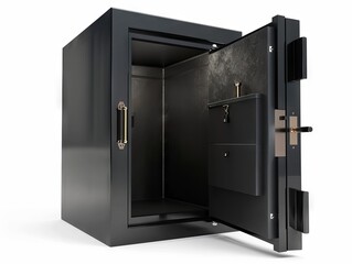 Black bank safe with open steel door
