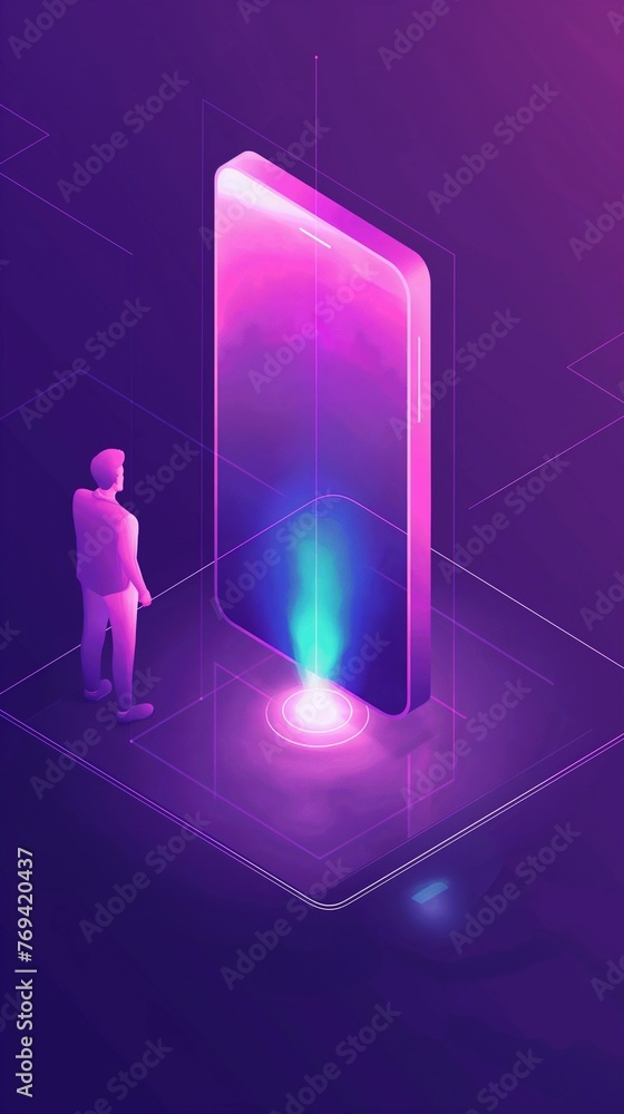 Poster a 3d isometric illustration of a smartphone with a futuristic user interface.