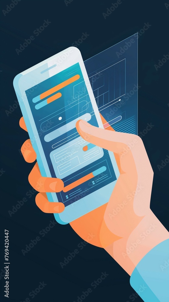 Poster a 3d isometric illustration of a smartphone with a futuristic user interface.