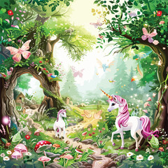 A magical forest with unicorns and fairies. clipart