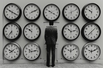 Amidst a backdrop of ticking clocks, a soaring executive embodies the essence of strategic time allocation and productivity