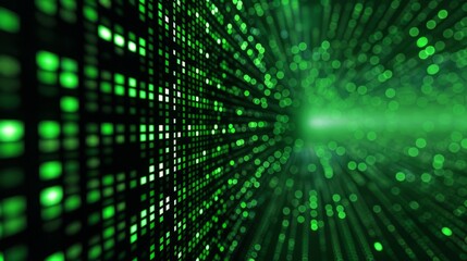 A digital abstract backdrop with a green pixel grid symbolizing high-tech and data. A green and black backdrop filled with numerous dots, background, wallpaper