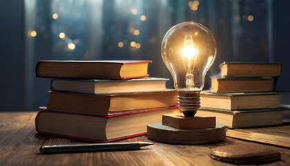 A light bulb is lit up on a table with a stack of books. The light bulb is surrounded by the books, which are arranged in a pyramid shape. Concept of creativity and inspiration - obrazy, fototapety, plakaty