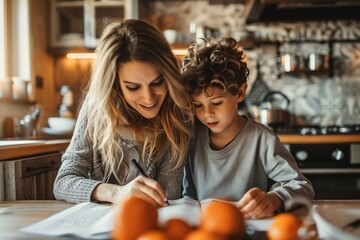 Joyful mother assisting child with schoolwork in the kitchen. - obrazy, fototapety, plakaty