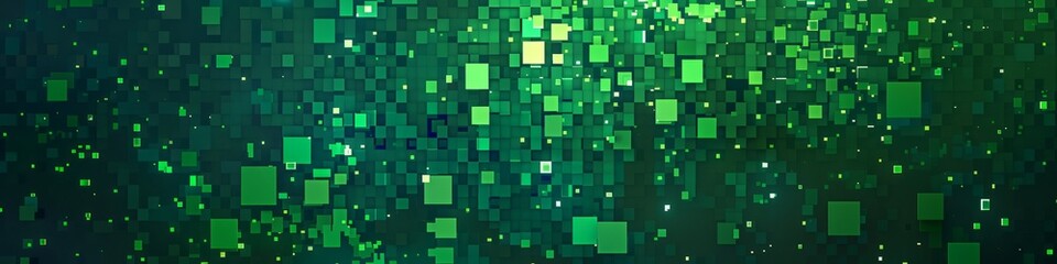 Fototapeta premium A digital background consisting of small green and black squares arranged in a pixelated pattern, banner