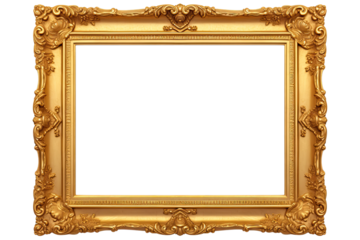 Golden wooden frame isolated on transparent background, Patterned and Vintage picture frame PNG format, old wide ornamental baroque picture frame