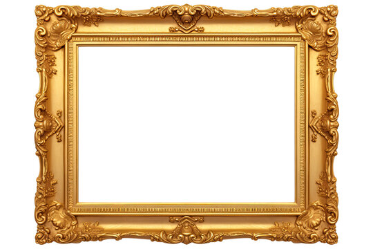 Golden wooden frame isolated on transparent background, Patterned and Vintage picture frame PNG format, old wide ornamental baroque picture frame