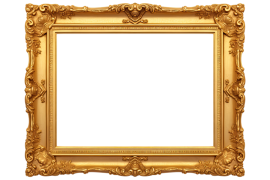 Golden wooden frame isolated on transparent background, Patterned and Vintage picture frame PNG format, old wide ornamental baroque picture frame