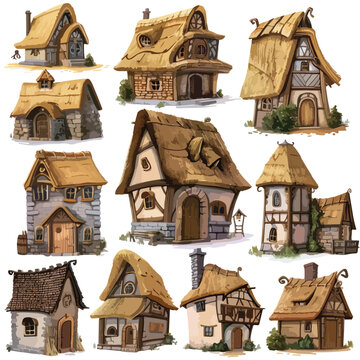 A medieval village with thatched-roof houses. clipart