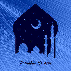 Ramadan Kareem greeting card or banner with Mosque silhouette on crescent moon. Vector illustration.