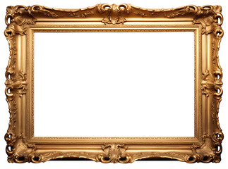 Golden wooden frame isolated on transparent background, Patterned and Vintage picture frame PNG format, old wide ornamental baroque picture frame