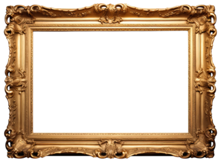 Golden wooden frame isolated on transparent background, Patterned and Vintage picture frame PNG format, old wide ornamental baroque picture frame