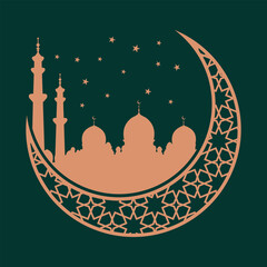 Mosque silhouette on crescent moon. For Ramadan Kareem celebration. Vector illustration