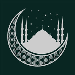 Mosque silhouette on crescent moon. For Ramadan Kareem celebration. Vector illustration