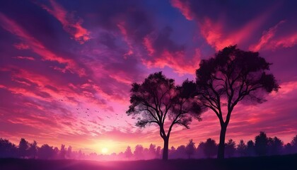 Landscape of tree silhouettes under a cloudy sky during a beautiful pink sunset