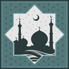 Ramadan Kareem greeting card or banner with Mosque silhouette on crescent moon. Vector illustration.
