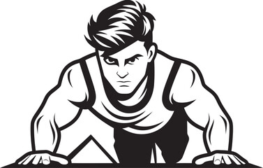 Energetic Young Sportsman Training Black Vector Emblem Fit Male Exercising with Push Ups Black Icon