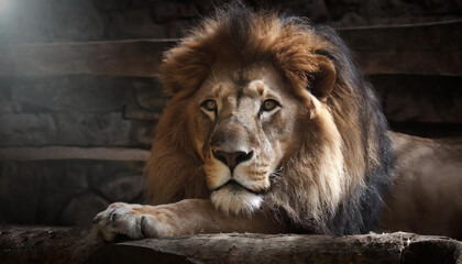 Naklejka premium Portrait of a Beautiful lion, lion in dark. An adult lion resting